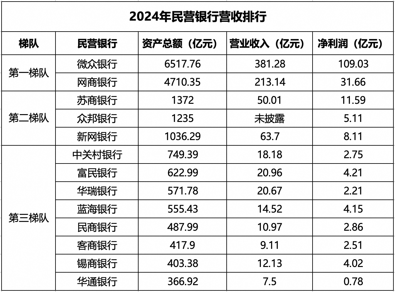 2024年民營銀行年報：各機構(gòu)業(yè)績分化明顯 僅微眾和網(wǎng)商營收超百億